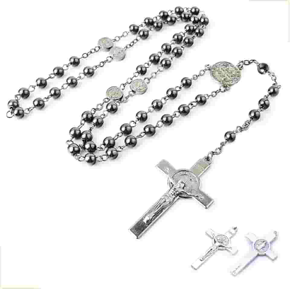Terço Hematita 6mm Inox São Bento Prateado 56cm Rosário com Crucifixo Dupla Face em Aço Inox – Medalhas Religiosas de Proteção e Fé – Corrente 41cm + Pêndulo 15cm – Design Clássico e Durável