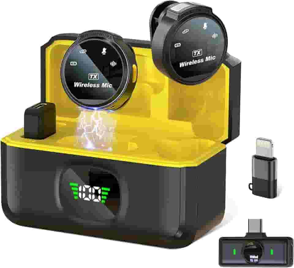Microfone de Lapela Sem Fio Profissional com Base de Carregamento, Display LED, para iPhone/Android dispositivos com Lightning/USB-C，para vídeo, entrevista, vlog