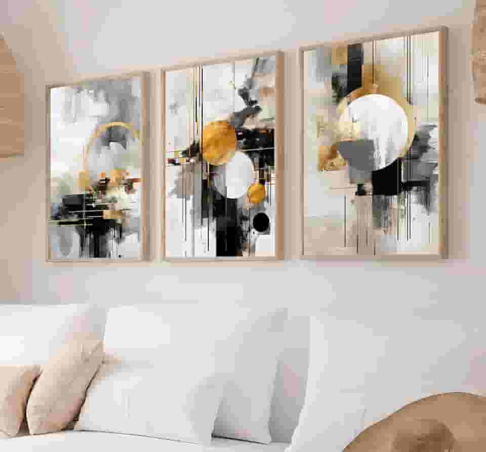Kit 3 Quadros Circulos Dourados e Preto Cinza Moderno Decoração Casa Sala e Quarto (60x40cm, Carvalho)