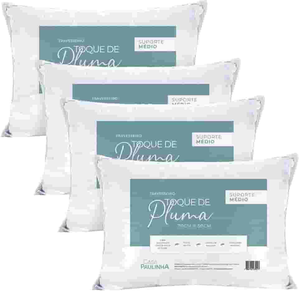 Travesseiro Toque de Pluma Pena Percal 180 Fios 50x70cm Lavável, Antiácaro, Antialérgico, Kit 4