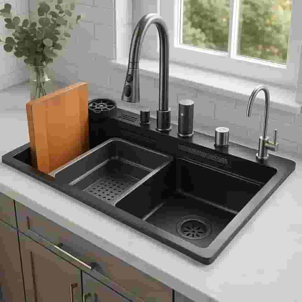 Pia Cuba Gourmet Cozinha Aço Inox Preta Com Acessórios 80x46cm Preto