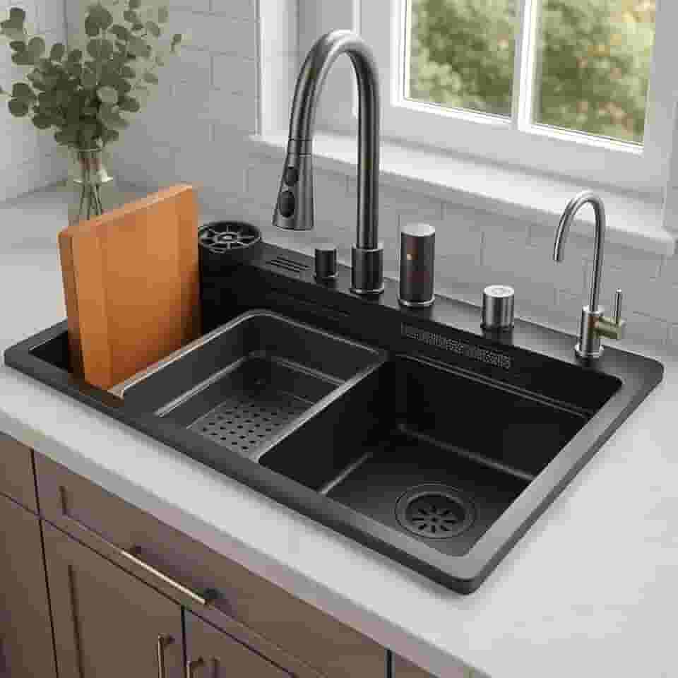 Pia Cuba Gourmet Cozinha Aço Inox Preta Com Acessórios 80x46cm Preto