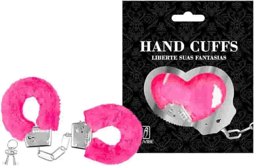 Algema Metal Fantasia Profissional Aço e Corrente Cromada Revestida em Pelúcia com Chave (ROSA)