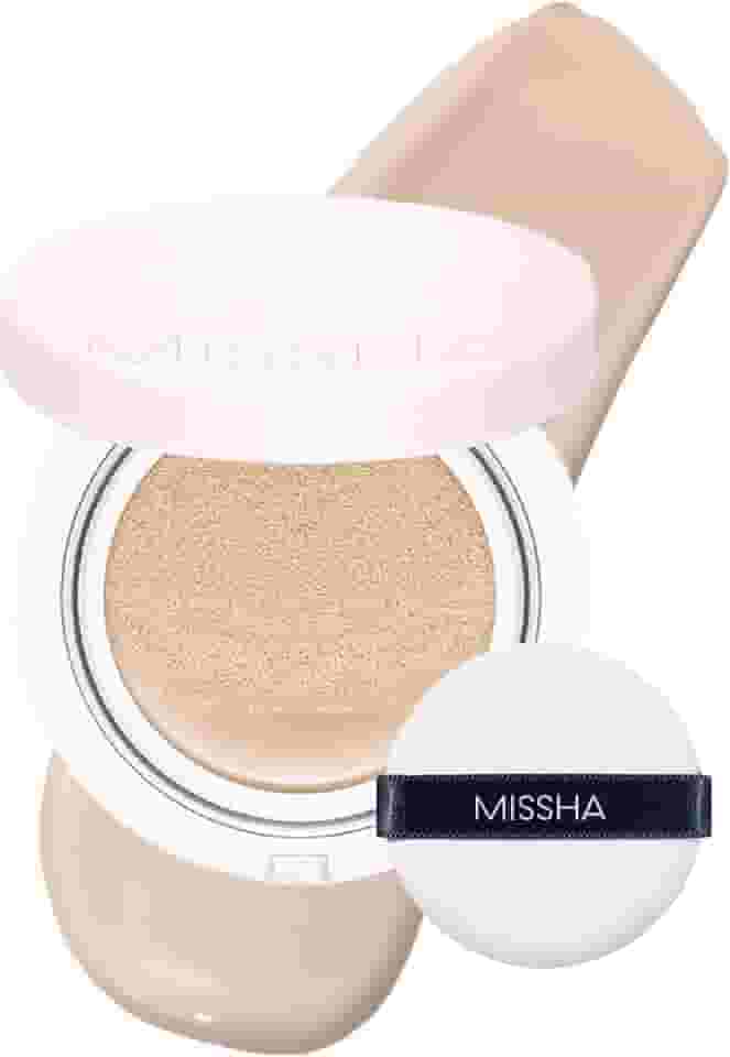 MISSHA Base Magic Cushion No. 21 bege claro para pele brilhante - cobertura perfeita, acabamento orvalhado, fácil aplicação para todos os tipos de pele