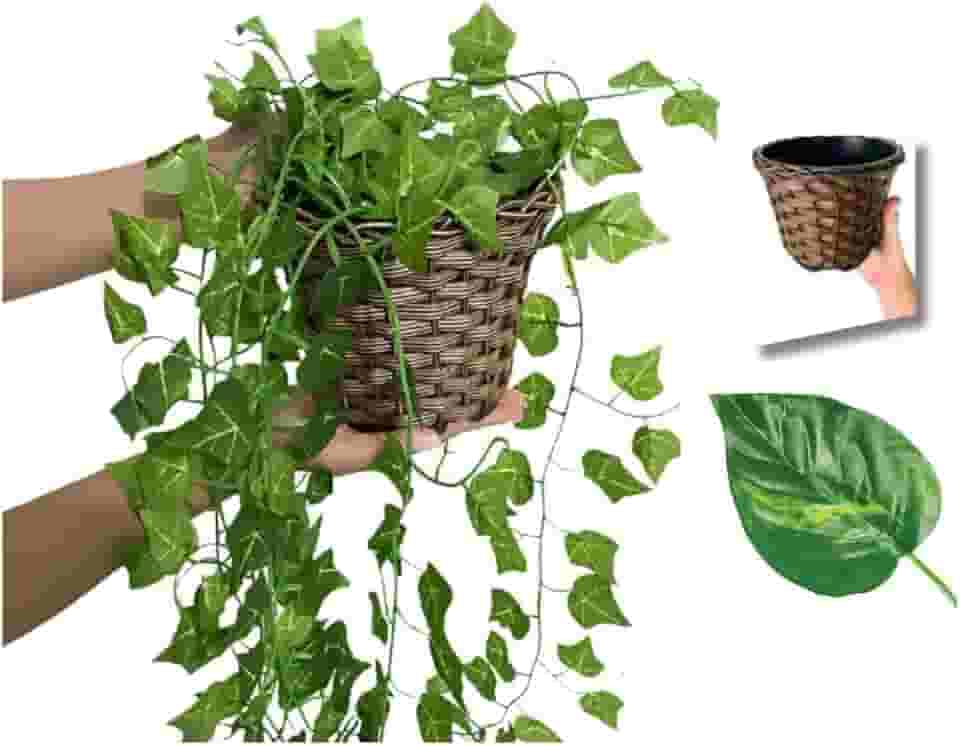 Arranjo C/ 3 Trepadeira + Vaso Trançado Marrom | Arranjo Trepadeira Artificial para Decorações | Plantas para Decoração de Casa, Sala De Estar, Casamento & Escritorio (Folhas de Jiboia)