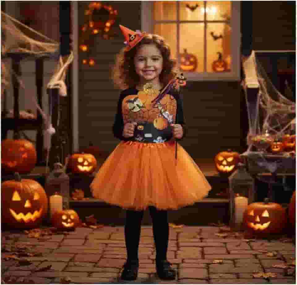 Kit Fantasia Bruxinha Saia Tule Varinha e Tiara Halloween