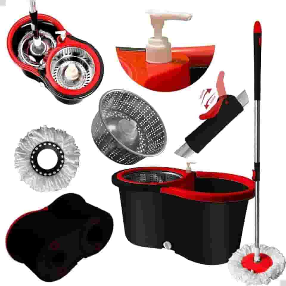 Kit Esfregão Mop Giratório Com Balde Cesto Inox Com Dispense Preto-vermelho