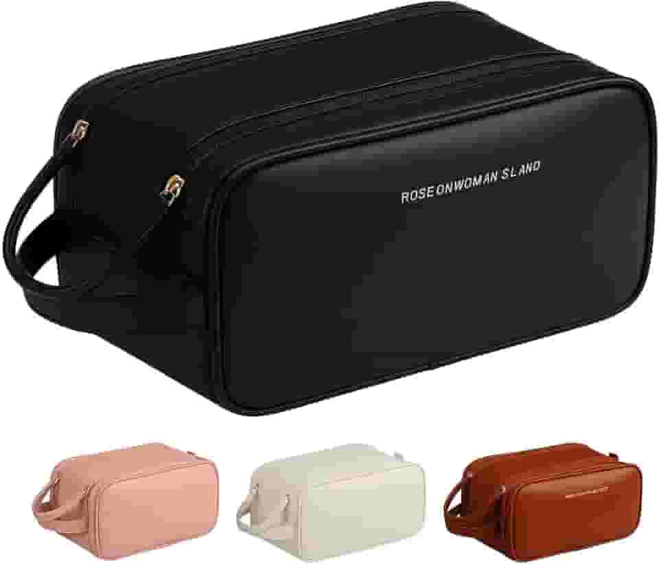 Necessaire Bolsa Organizadora de Maquiagem Couro Sintético Grande Capacidade com Duas Camadas, Alça Lateral, Divisórias Internas e Suporte para Pincéis – Ideal para Viagem (Preto)