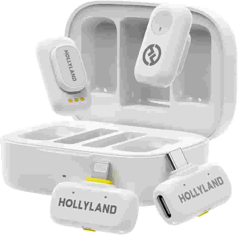 Hollyland LARK A1 Combo – Microfone Sem Fio Mini para iPhone e Android (2TX + USB-C RX + Lightning RX + Case de Carregamento), Microfone Magnético para YouTube, TikTok, Podcast e Vlogs (Branco)