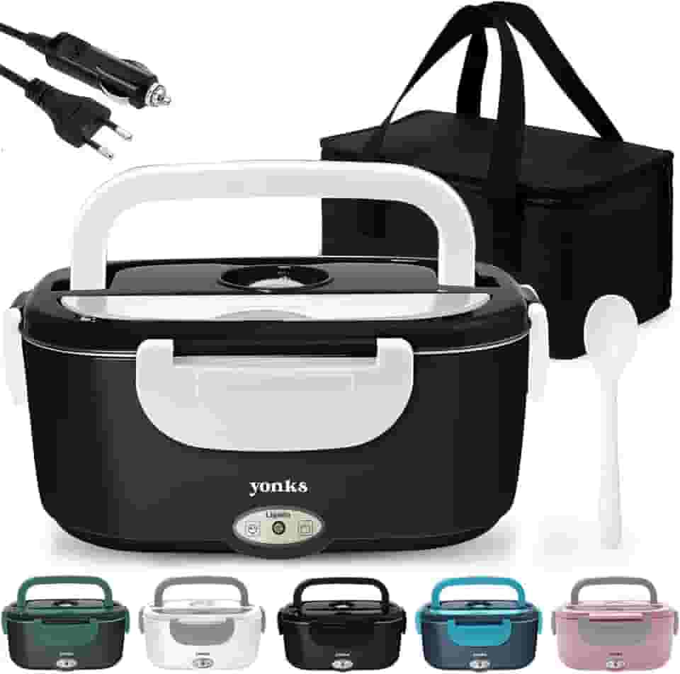 Marmita Elétrica Yonks 60W com Bolsa Térmica – Bivolt 110V/220V + Cabo Veicular 12V/24V – Marmita para Carro e Caminhão (Preta e branca)