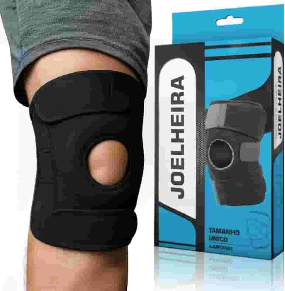 Joelheira de Compressão Preta Ortopédica Patelar Reforçada com Tensor Ajustável Bilateral Premium Alívio de Dor Muscular Prevenção e Recuperação Esportiva