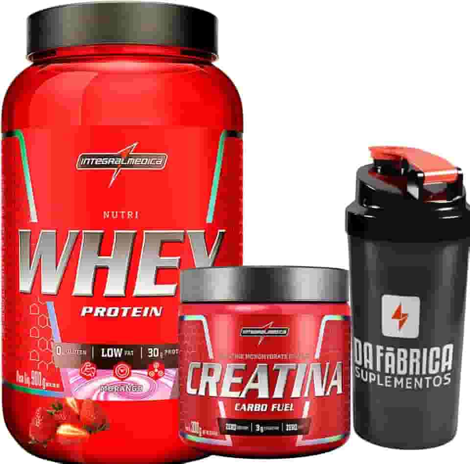 Kit Nutri Whey Morango Pote 900g + Creatina CarboFuel Neutro 300g + Coqueteleira (Whey 900g + Creatina 300g, Whey Morango + Creatina Neutro)