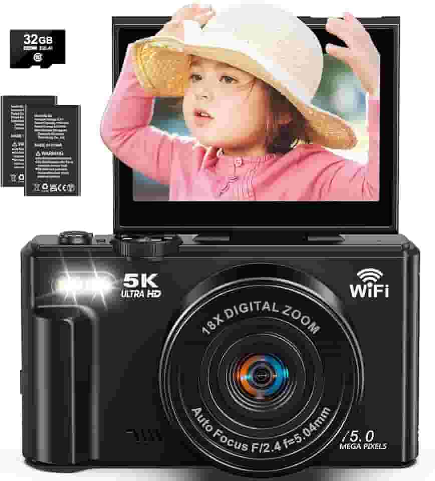 Câmera digital, vídeo de 5k, câmera de 75 megapixels, transmissão Wi-Fi, foco automático, zoom digital de 18x, tela giratória de 180 graus, cartão SD de 32G,câmera compacta,vlog,fotográfica