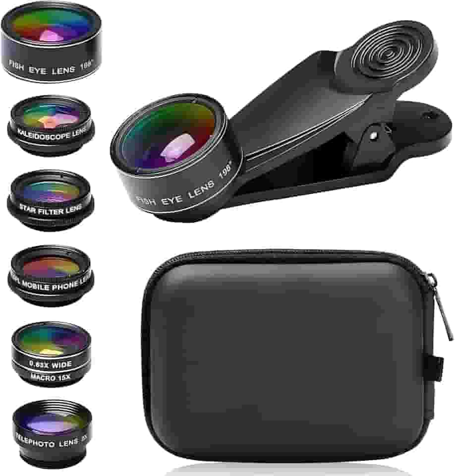 Kit de lentes de câmera de celular 7 em 1, para iPhone, para Samsung, para smartphone Android, clipe universal em grande angular + macro + lentes de câmera olho de peixe (preto)