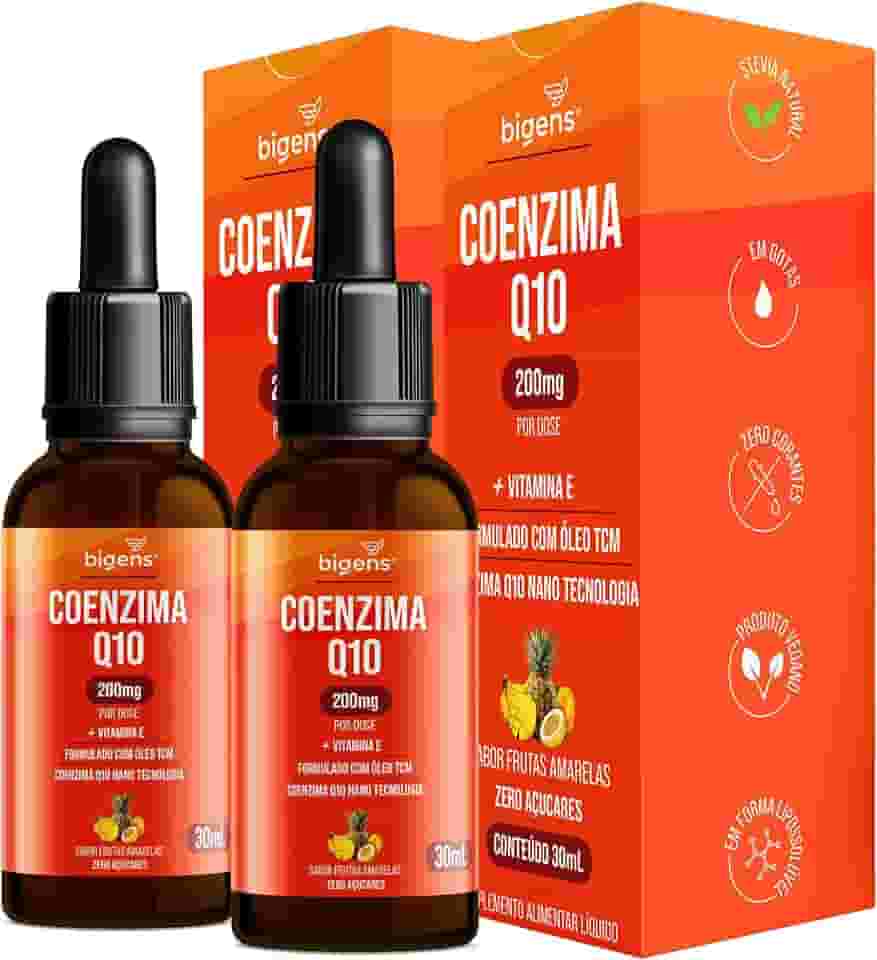 Coenzima Q10 200mg com Vitamina E e Óleo TCM, Sabor Frutas Amarelas, Zero Açúcares, Kit 2x 30ml Bigens.