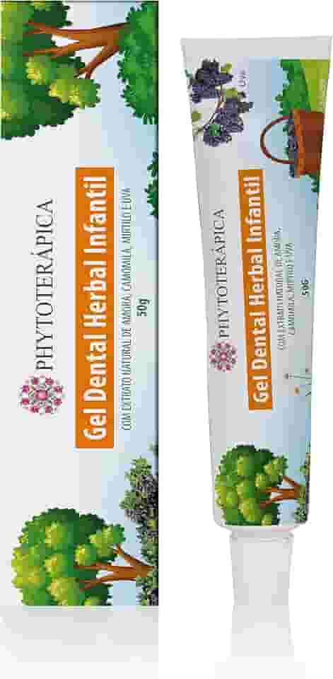PHYTOTERAPICA - Gel Dental Herbal Infantil - Com extrato natural de Amora, Camomila, Mirtilo e Uva, Aumentam a resistência da dentina e inibem o aparecimento de cáries - 50g