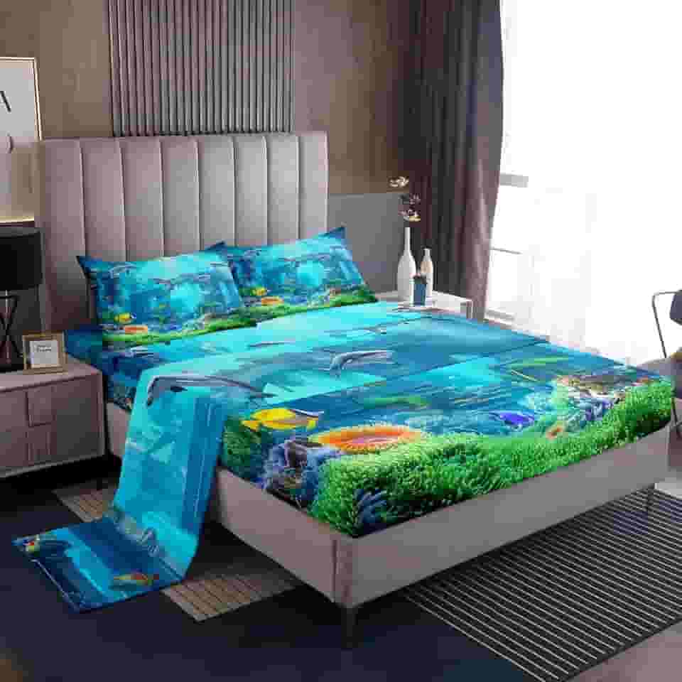 Erosebridal Lençóis de cama 3D subaquáticos para o mundo da praia, peixe, mar, azul, jogo de lençol tamanho solteiro, lençol com elástico de tubarão para crianças e crianças, água-viva-do-mar tropical, decoração de quarto