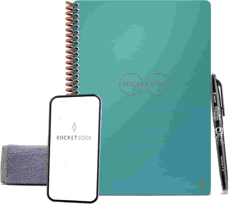 Caderno reutilizável inteligente Rocketbook Dot-Grid com 1 caneta Pilot Frixion e 1 pano de microfibra incluído – Capa Neptune Teal, tamanho executivo (15 x 22 cm)