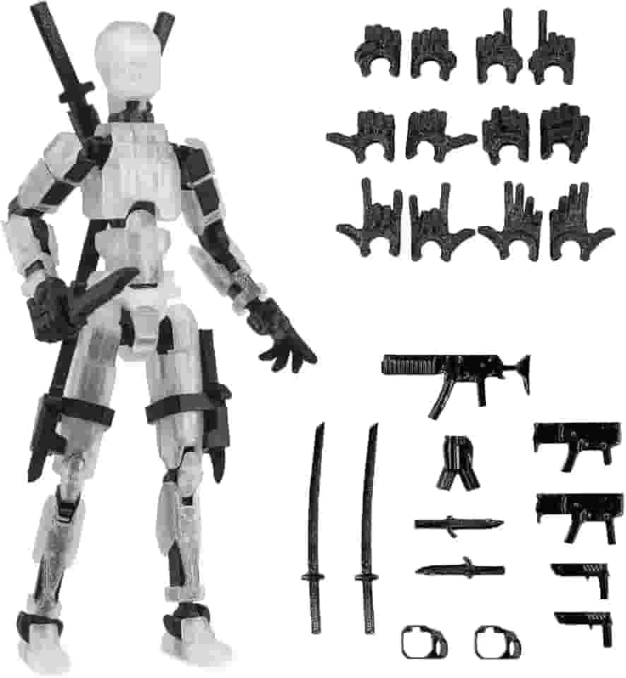 Pre-Assembly 3D Printed 5.54'' Dummy13 Action Figure, Multi-Jointed Tian13, Articulated T13 Desktop Decoration,12 in 1 Accessories, Best Birthday Festival Gift (crystal+black)