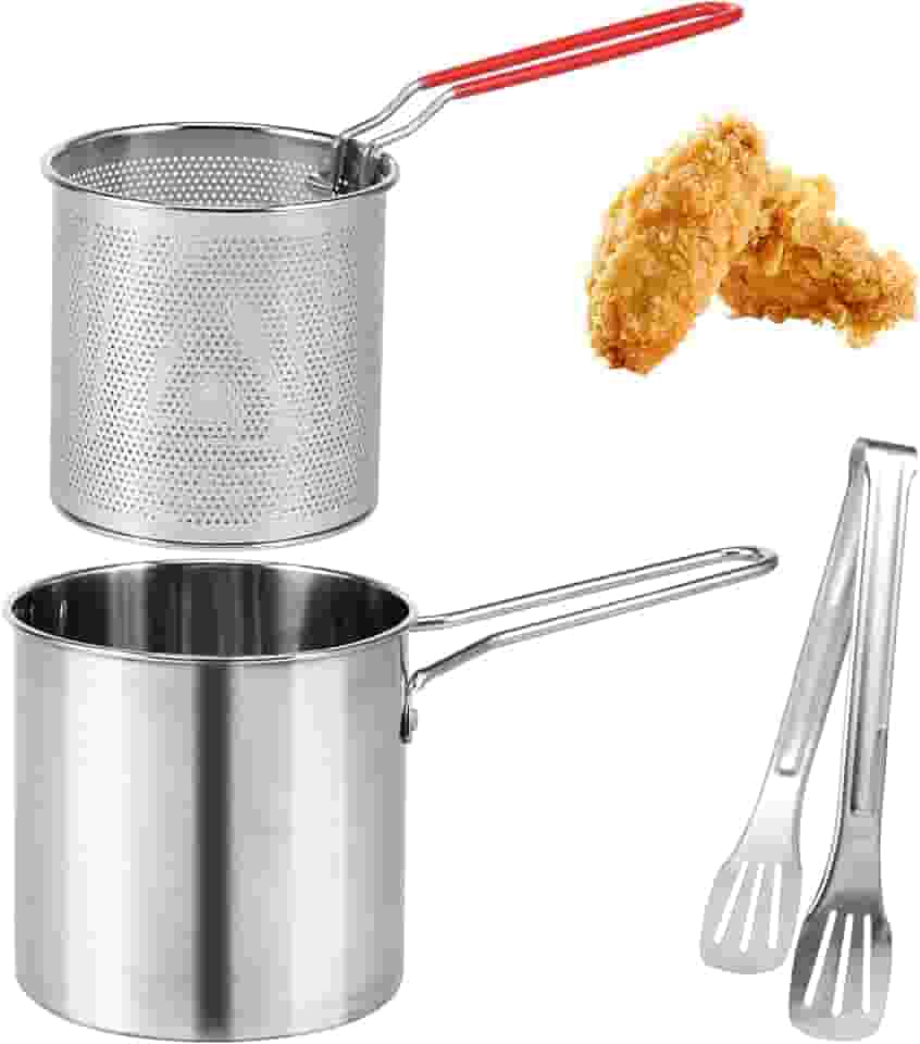 Fritadeira profunda com cesta, panela de fritadeira profunda de aço inoxidável 304 com cesta de filtro e alça rebitada, mini fritadeira de óleo profundo multifuncional para cozinha ao ar livre