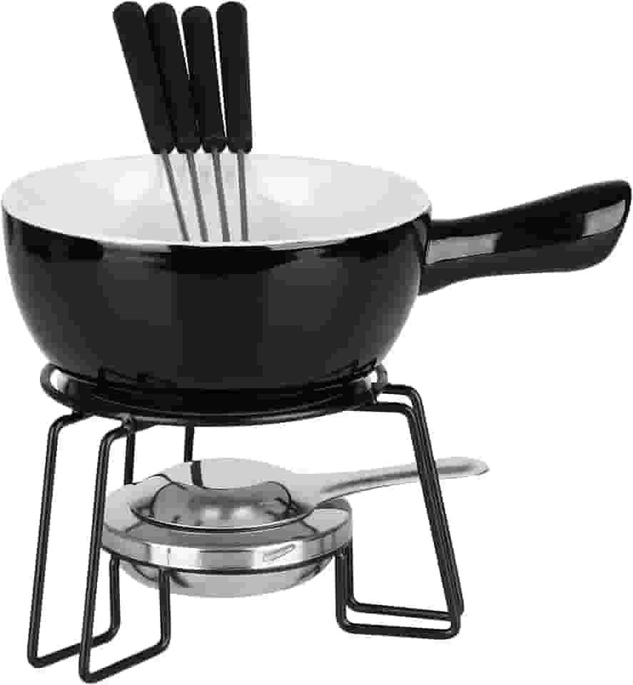 Conjunto de Fondue Cerâmica, Vermelho, 700ml, 8 Peças com Panela e Garfos em Inox (Preto)
