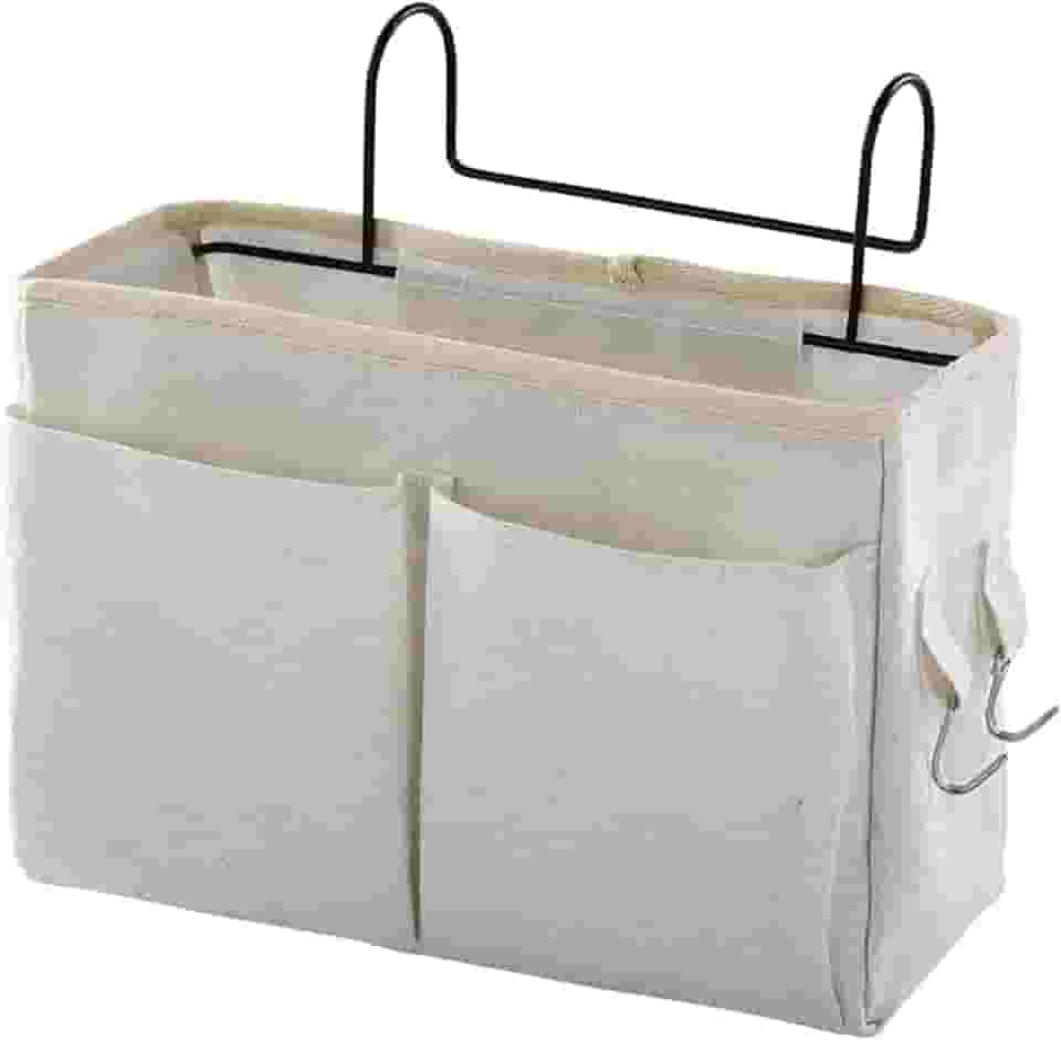 Organizador de cabeceira com bolsos grandes e ganchos, organizador de cabeceira de lona resistente para beliches, dormitórios, camas de hospital e espaços pequenos (bege)