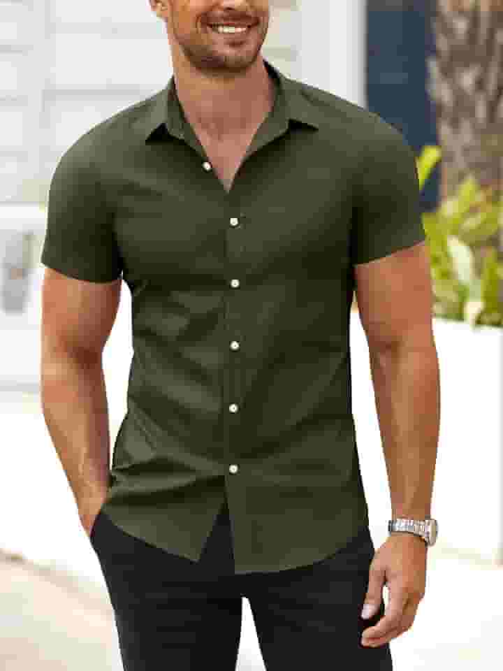 Camisa social masculina com ajuste muscular, sem rugas, manga curta, casual, abotoada