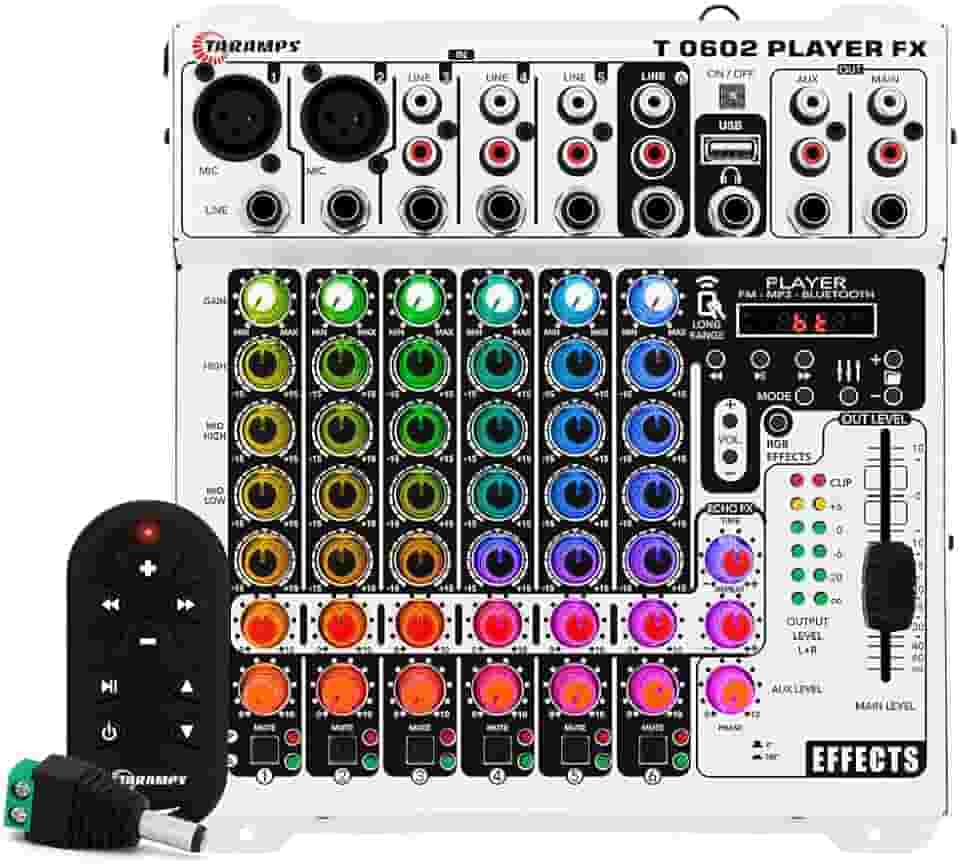 Mesa De Som Taramps 6 Canais Player Multicolor T0602 Mixer T 0602 Equalizador 4 Bandas Mp3 Usb Fm Bluetooth 78 Efeitos Rgb Led Efeito Echo FX Microfone Violão Som Automotivo Profissional Igreja