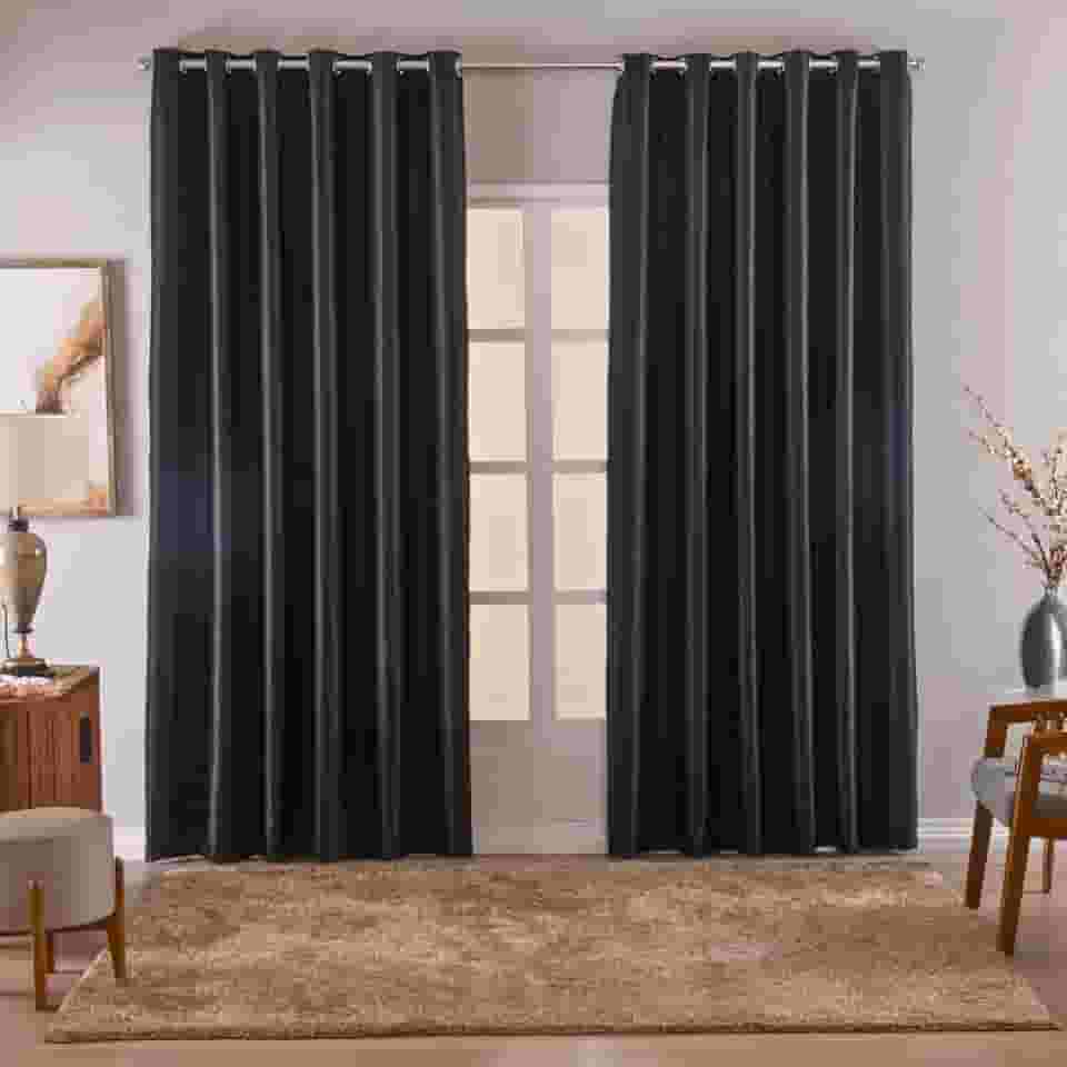 Cortina Blackout/Blecaute Em Tecido Corta Luz Para Sala, Quarto e Escritorio 4,00M x 2,50M | (4,00M X 2,50M) Com Ilhós Cromado (Preto)