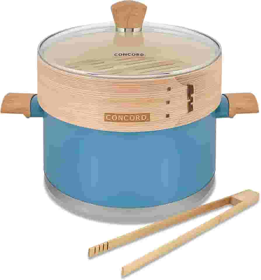 CONCORD Panela a vapor de aço inoxidável de 25,4 cm com vaporizador de bambu natural 24 cm (lagoa/bambu)