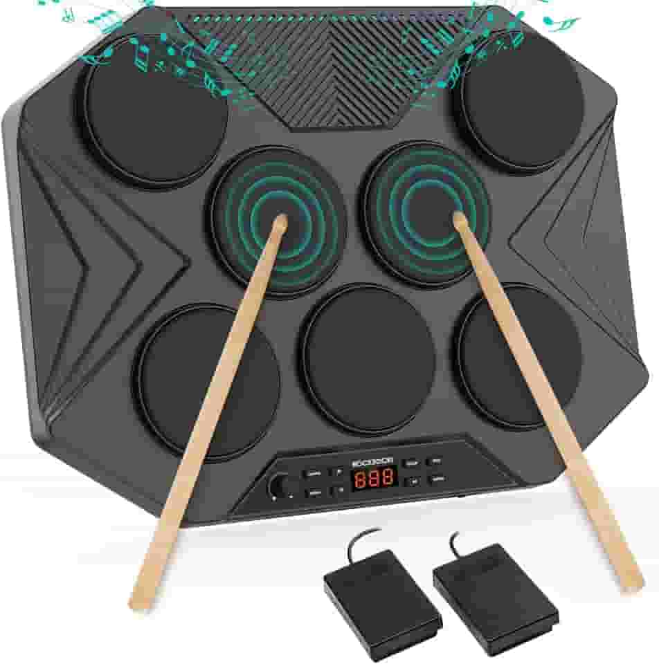 ROCKSOCKI Conjunto de bateria eletrônica de mesa, kit de bateria digital portátil com sensibilidade de 7 velocidades, luz de nível de música LED, suporte USB-MIDI Mac e PC, presente ideal para adultos