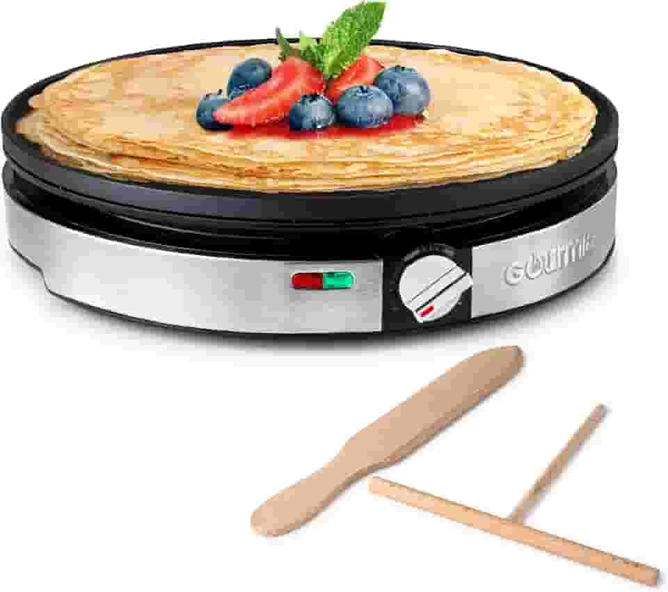 Gourmia Crepe Maker de 12 polegadas, ferro elétrico antiaderente para panquecas, tortilhas e muito mais, controlo preciso de temperatura com luzes indicadoras, inclui espátula e espalhador de massa