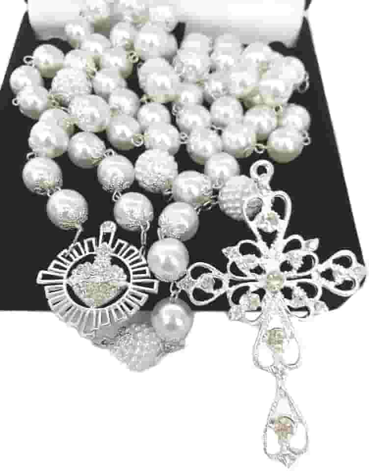 Terço De Noiva Banho Prata Perolas Brancas Sagrado Coração