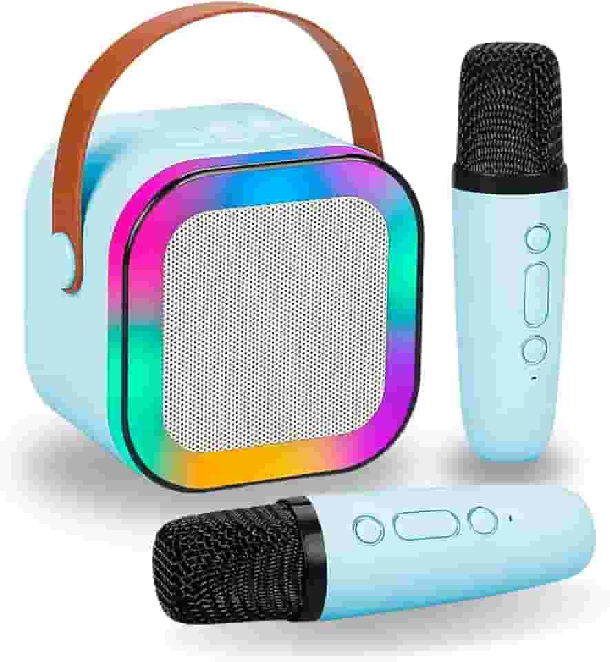 Karaoke Infantil Portátil com 2 Microfones Recarregável e Modos de Voz Divertidos - Diversão Musical para Crianças! (Azul)