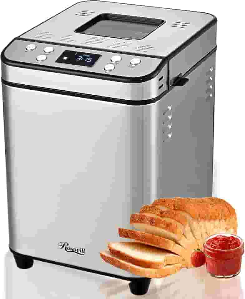 Rosewill Máquina automática de fazer pão 25 em 1 com 3 tamanhos de pão de até 900 kg, aquecedor duplo de alta potência de 700 W com bandeja de revestimento antiaderente livre de BPA, temporizador