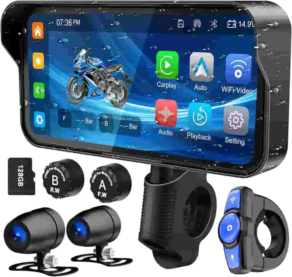 GPS para Motocicleta de 6,2 Polegadas, CarPlay Sem Fio, Android Auto, Câmeras Duplas HD 1080P, TPMS, Controle Remoto, Tela Sensível ao Toque Impermeável