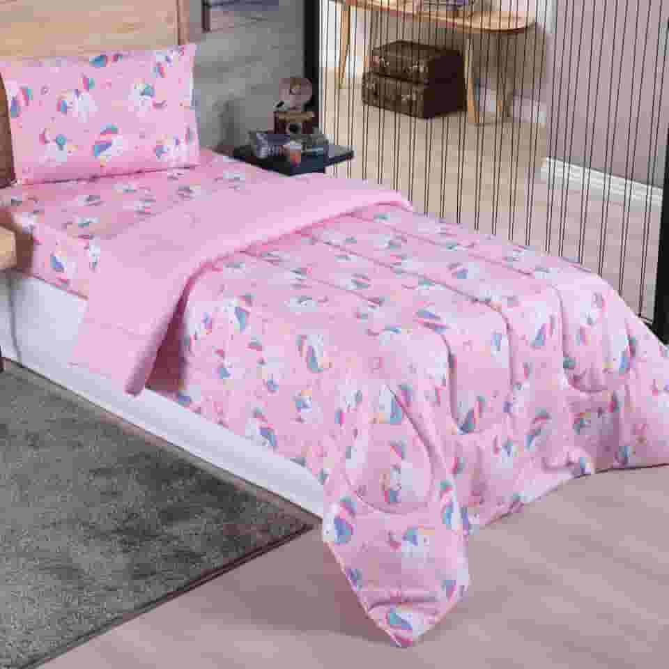 Edredom Solteiro Alegria Infantil Dupla Face 1 Peça (UNICÓRNIO)