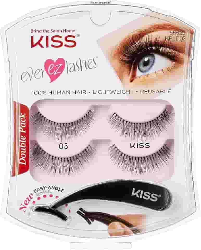 KISS Ever EZ Lashes Pacote Duplo Nº 03, Kit Iniciante de Cílios Naturais Reutilizáveis, Inclui Aplicador de Ângulo Fácil e 2 Pares de Cílios Postiços de Cabelo Humano Preto