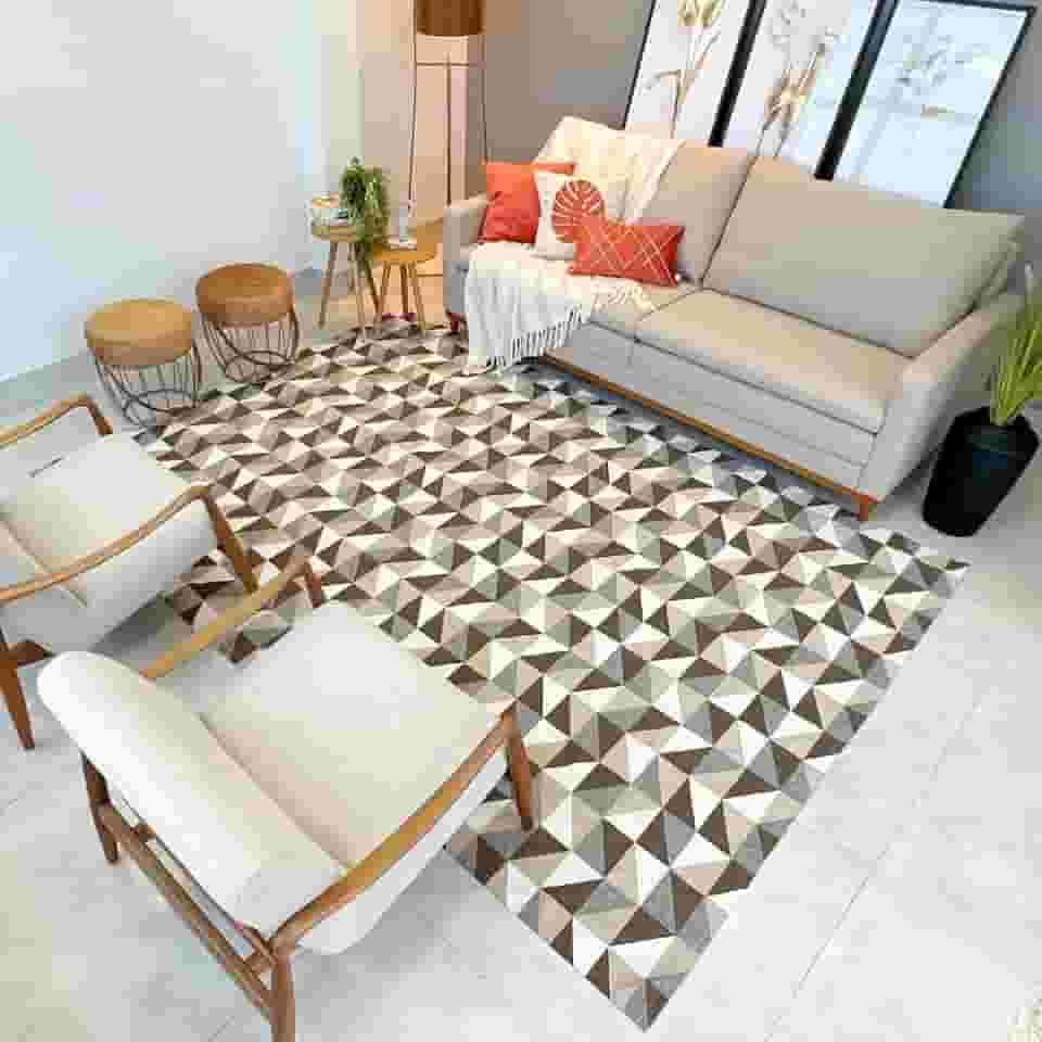 Tapete Antiderrapante Retangular Moderno, 300x250 cm, Sintético, para Sala de Estar e Quarto (Marrom Geométrico)