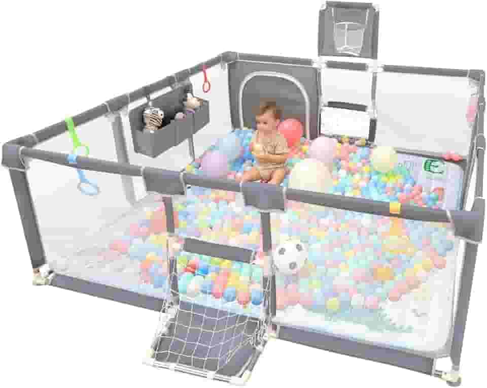 Cercadinho para bebe com Aro de Basquete e Rede de Futebol, 180x60x120cm, Malha Respirável para Uso Interno e Externo, Cor Cinza, cercadinho para bebe burigotto e cercadinho