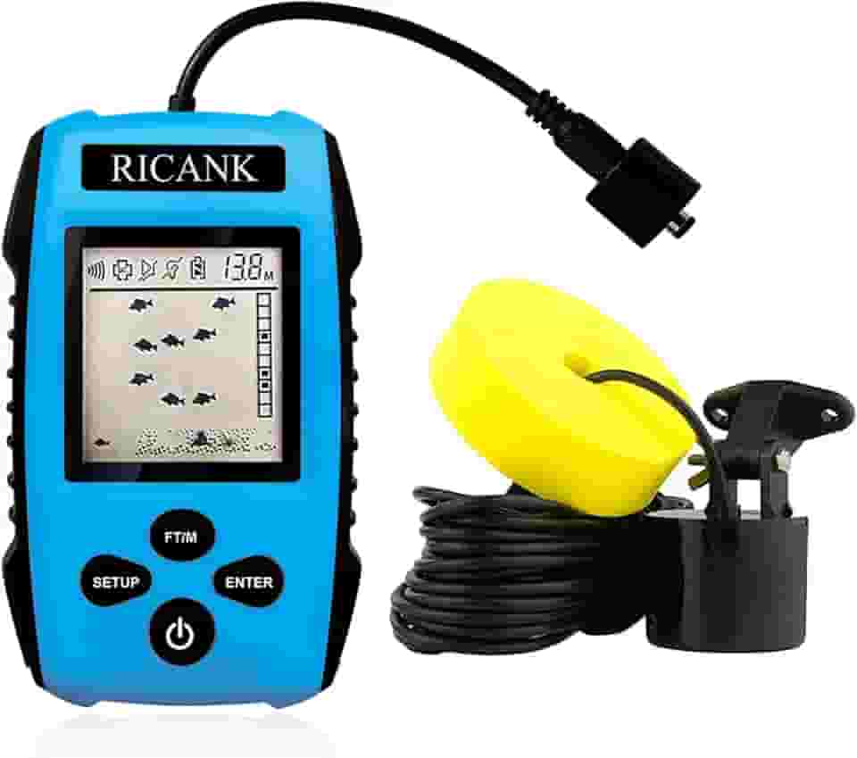 RICANK Localizador portátil de peixes, localizador de profundidade de peixe portátil, leitura de contorno, localizador de peixes, caiaque no gelo, costa de barco, pesca, dispositivo detector de peixes com transdutor de sensor de sonar e equipamento de exibição LCD, localizador de profundidade de peixe