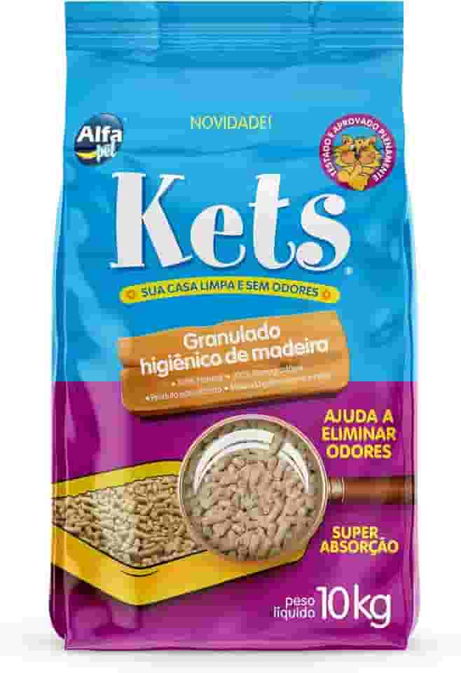 Granulado Higiênico de Madeira Peletes Pinus, Pacote de 10kg, Linha Kets, Alfapet.