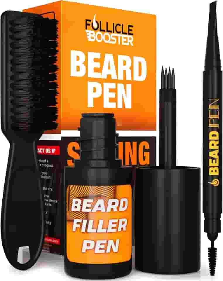 FOLLICLE BOOSTER Kit de modelador de caneta de barba para homens – Preto – Conjunto completo 3 em 1 com garfo patenteado de 4 pontas, caneta normal e escova para pentear – impermeável, à prova de suor