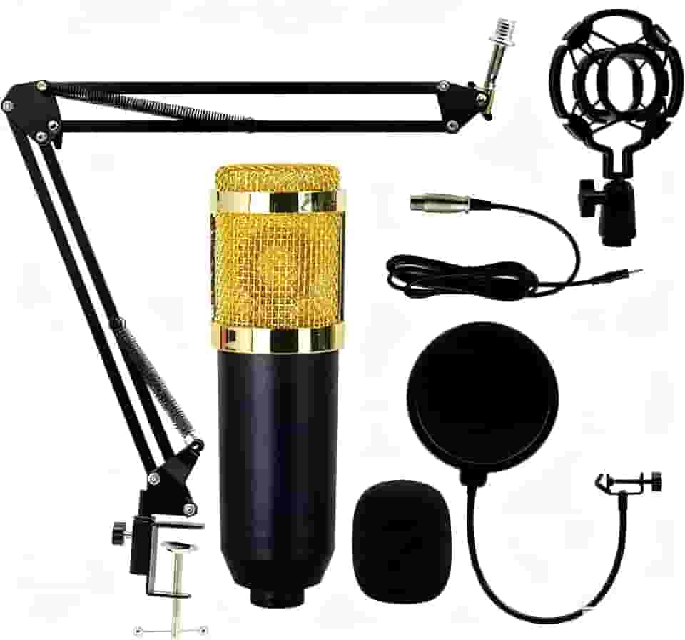 Kit Microfone Condensador Profissional Tipo microfone bm800, Completo com Pop Filter, Braço Articulado e Suporte de Mesa, para Estúdio, Gravação, Podcast e Transmissão Ao Vivo