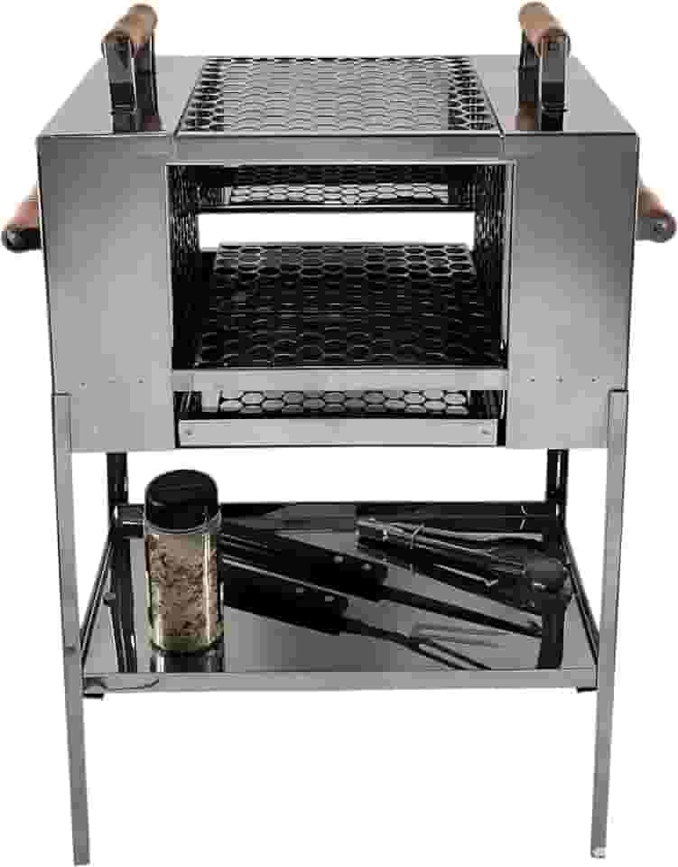 Churrasqueira para Apartamento Ecológica sem Fumaça 2 Andares Aço Inox 2 Grelhas Pé Grande