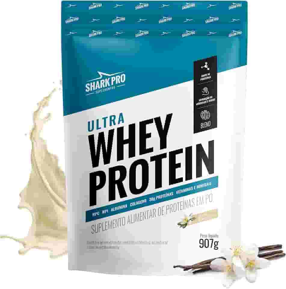 Shark Pro Ultra Whey Protein Sabor Baunilha - 30g de Proteínas - Suplemento Alimentar de Proteínas em Pó - WPC e WPI - Fórmula com Colágeno e Albumina - 907g Pouch