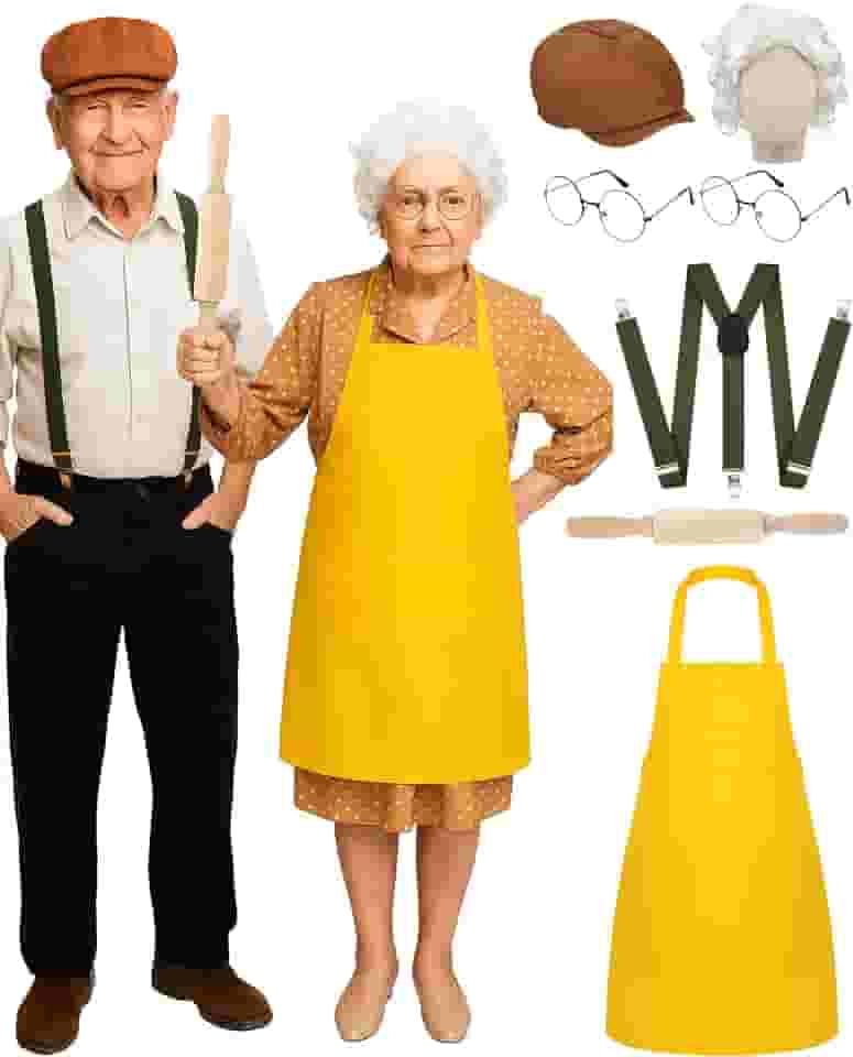 7 peças de acessórios de fantasia de casal de vovô e vovó de Halloween, incluindo avental amarelo, óculos redondos, chapéu de jornaleiro, suspensórios com rolo de madeira para adultos, roupas