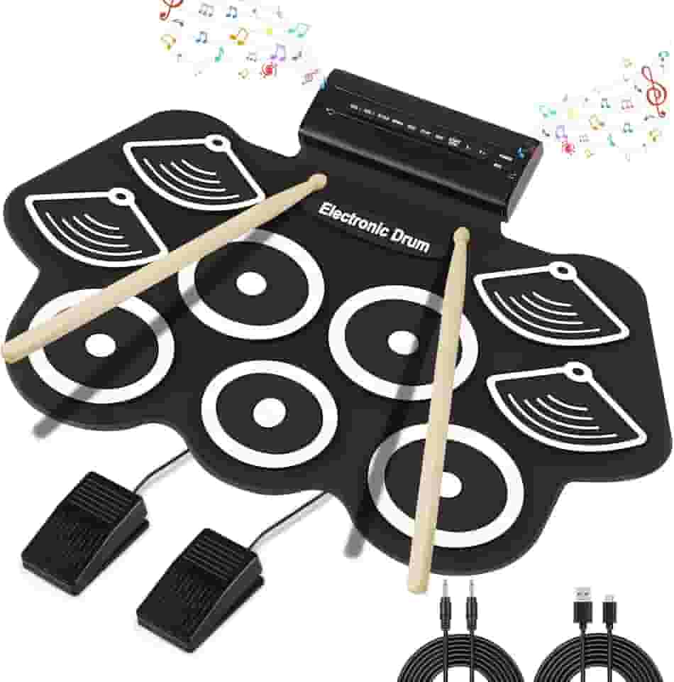 Bateria Eletrônica Instrumento Musical Portátil de Silicone Preto com 9 Pads, Pedais, Baquetas, MIDI Ideal para Crianças, iniciantes, Músicos, Prática Musical em Casa