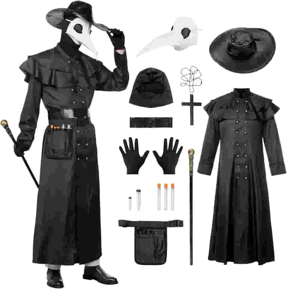 Fantasia de Doutor da Peste para Dia das Bruxas, branco, 8 peças de roupa de médico da peste com máscara para fantasia masculina de Halloween