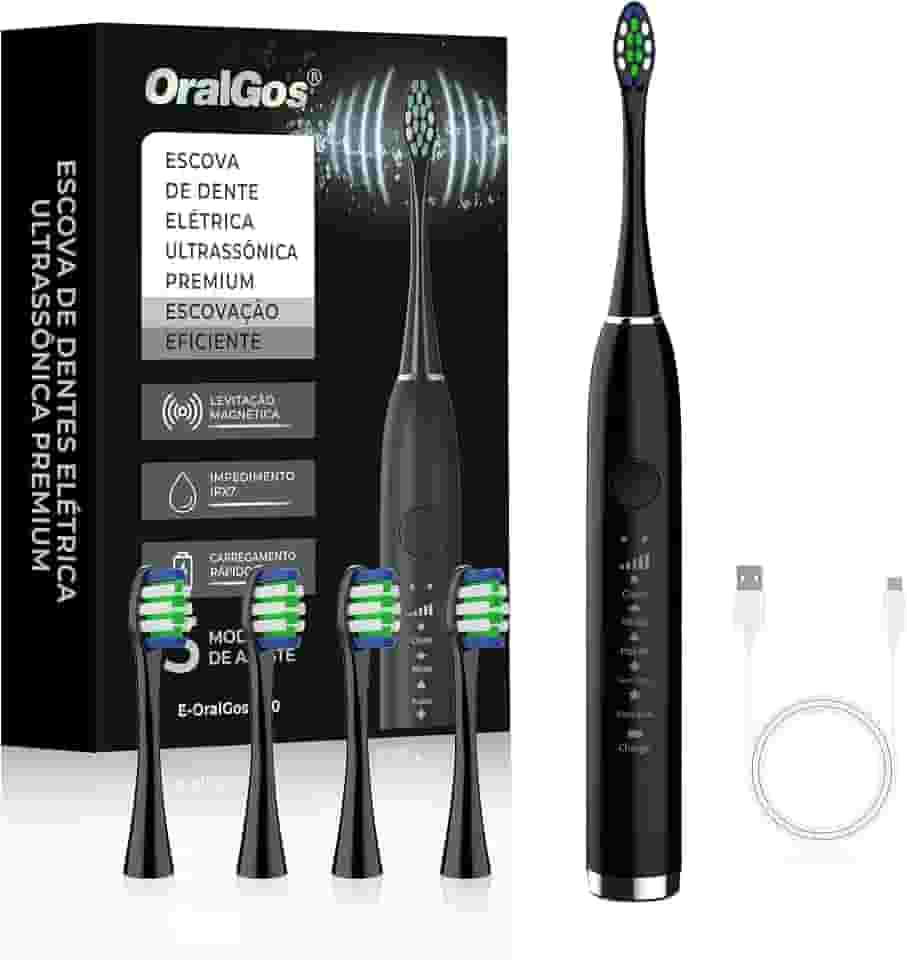 OralGos Escova Dental Elétrica para Adulto, 5 Modos Ultrassônicos, Limpeza Profunda, com 4 Cabeças Substituíveis, Recarregável e Portátil, 1 Unidade
